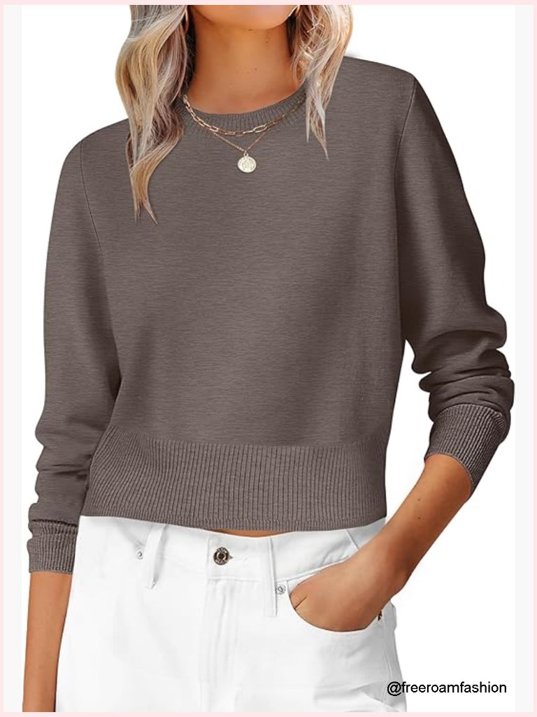 Cropped Crew Neck Pullover Sweater Lightweight Knit Long Sleeve